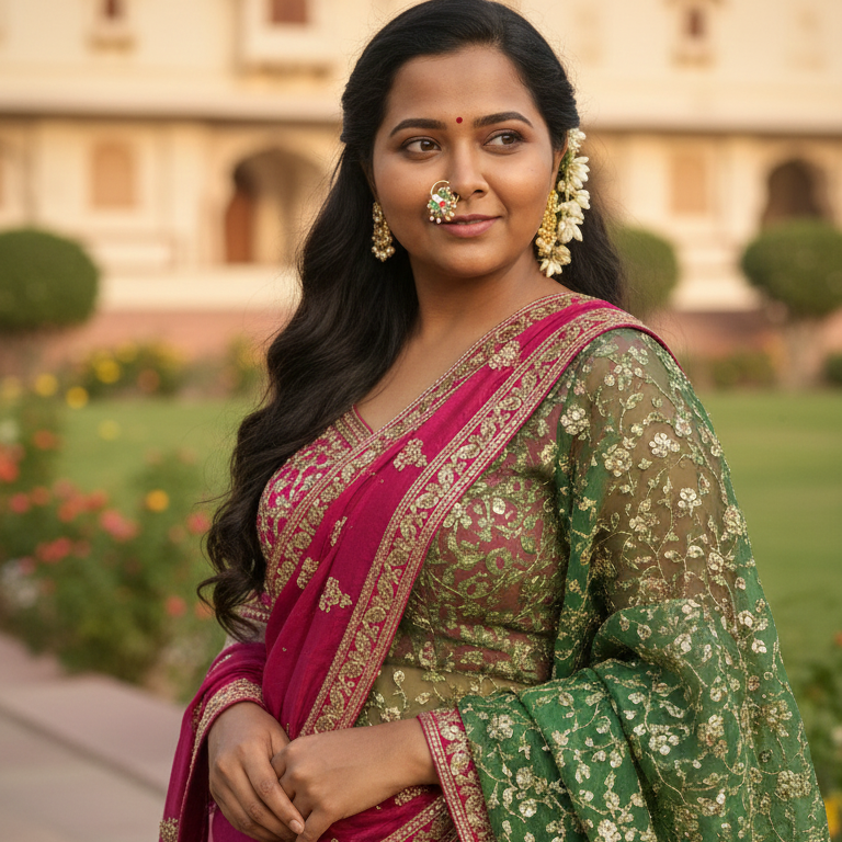 Woman in a green and pink traditional outfit standing outdoors with a building in the background