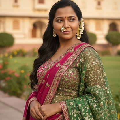 Woman in a green and pink traditional outfit standing outdoors with a building in the background